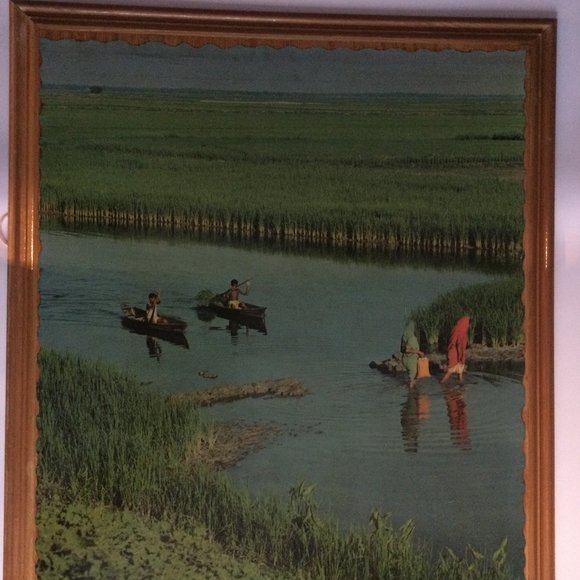 Solid Wood framed landscape print on board wall hanging grassland river boating - Picture 2 of 10